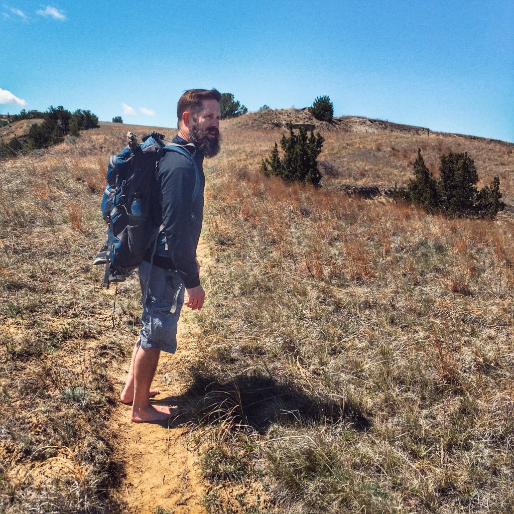Mike hiking barefoot